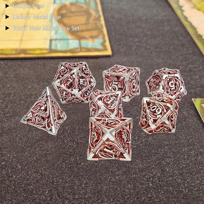 DND Dice,Hollow D&D Metal Dice,Dungeons and Dragons Dice Set with Gift Box,7 PCs Steampunk Polyhedral Dice Games Set for RPG,MTG,Pathfinder(Dragon red 1)