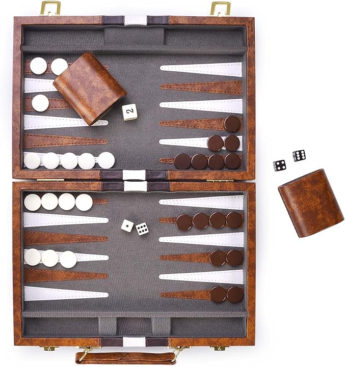 AMEROUS Backgammon Set, 11 Inches Classic Board Game withLeather Case, Folding Board, Gift Package, Portable Travel Strategy Backgammon Game Set for Adults, Kids (Small, Brown)