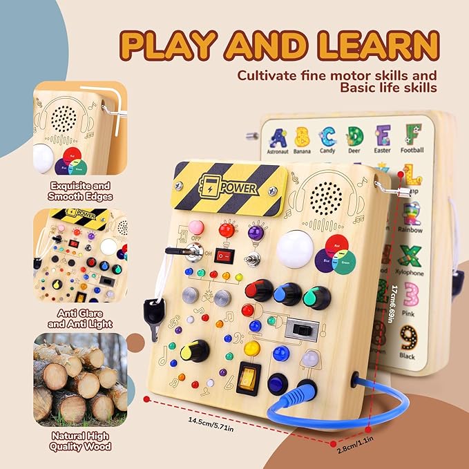 Busy Board,Montessori Toys for 1-3 Year Old Boys & Girls,Travel Educational Learning Activities for Toddlers,Sensory Toy for Kids with Autism (Busy Board v5)