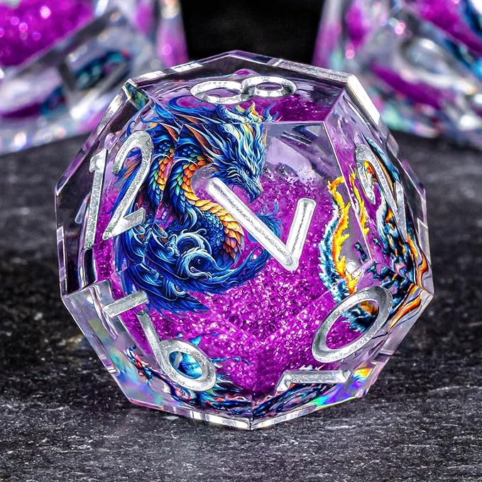 OUKELANWO Liquid Core Dragons Stickers DND Dice Set D&D, 7Pcs Dungeons D and D Role Playing Dice with Gift Box, Resin Sharp Edge Dice D20 D12 D10 D8 D6 D4, Purple White