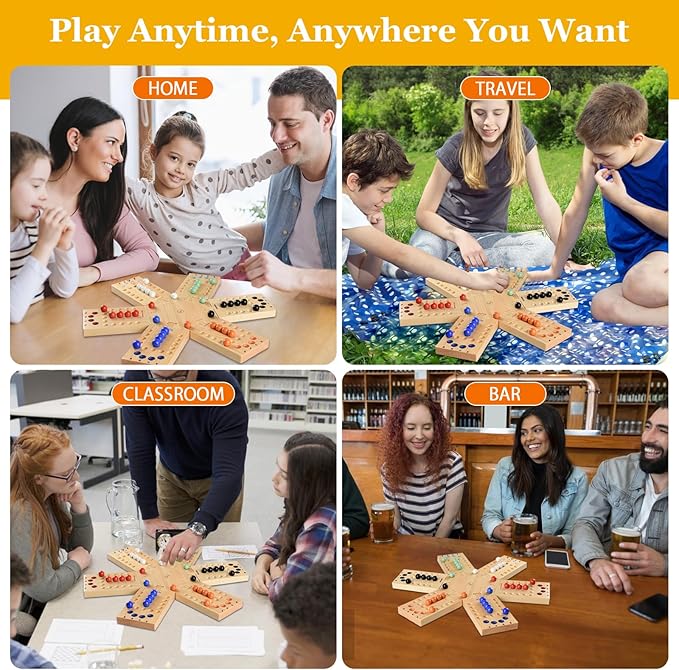 Deeper Holes & Larger Marbles Original Wooden Marble Board Game, Portable for 2-6 Players, Wahoo Game with 36 Marbles & 12 Dice for Family, Friends, Party, Travel, and Camping