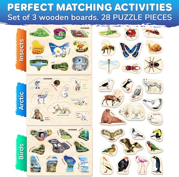 QUOKKA Wooden Puzzles for Toddlers 1-3 – 3xSET Kids Puzzles Ages 2-4 – Montessori Toy Puzzle for Toddlers 3-5 – Wood Toy Learning Realistic Insects - Arctic Animals - Birds for Boy and Girl