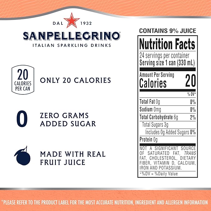 Sanpellegrino Zero Grams Added Sugar Italian Sparkling Drinks, Sparkling Peach Clementine Beverage, 11.15 Fl Oz (Pack of 24)
