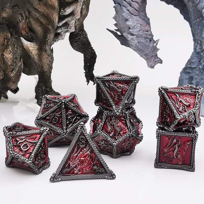 HAOMEJA DND Dice Metal Dragon Dice Set 7 Role Playing Dice D&D Solid Dice Dungeons and Dragons (Black Nickel Red)