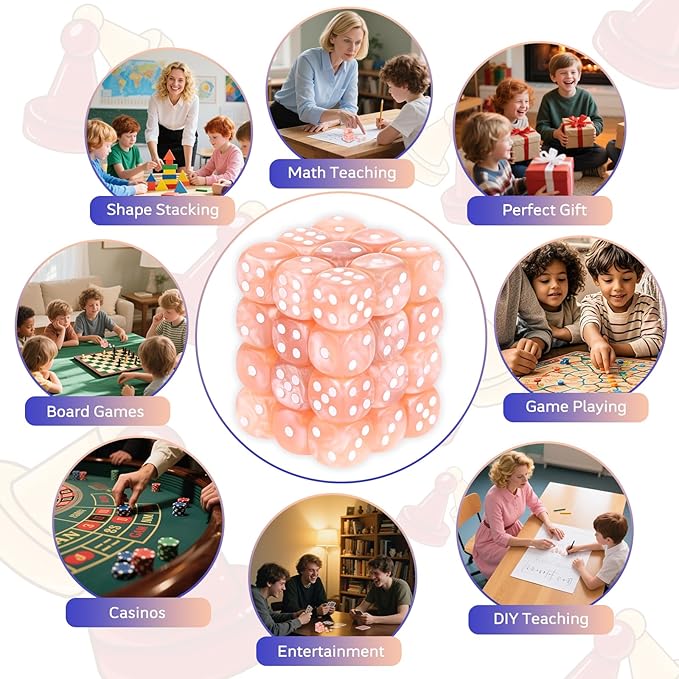 36 Pieces 12mm 6 Sided Mini Dice Set,Pearl Pattern D6 Game Dice Set,6 Sided Standard Game Dice for Board Games Dice Games Classroom Teaching Dices Game,with Portable Gaming Box(Millennial Pink)