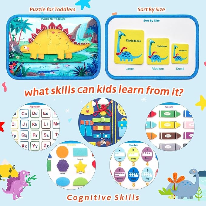Busy Board Sensory Toys for Toddlers 1 2 3 4, Toddler Travel Activities Educational Toys, Montessori Toys for 2 3 4 Year Old Girls Gift, Deluxe Dinosaur