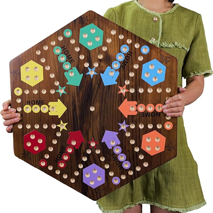 Extra Large 23.6 Inches Wahoo Marble Board Game 4 and 6 Players 2 Sided Painted Thicken Wood Board Perfect Game for Family Friends Party (Brush Paint Burn)