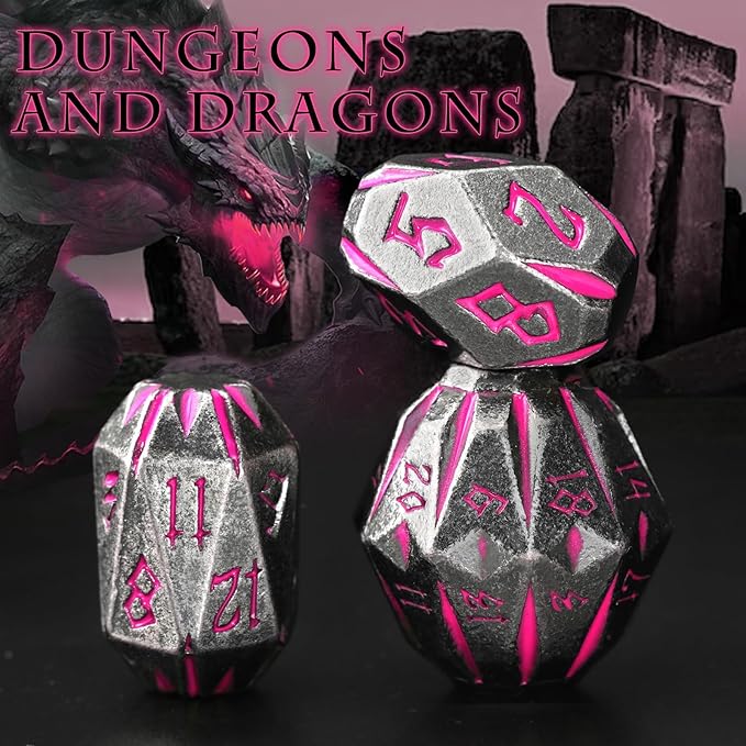 DND Metal Dice Set, ZHOORQI 7 Pcs Polyhedral Dice, Perfect for Dungeons and Dragons, RPG Role Playing Games - Unique Cool Dice with Stonehenge Themed Design for Game Gifts(Black Pink)