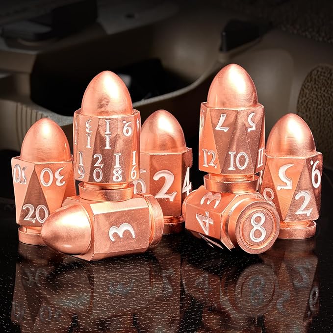 Bullet Dice for Dungeons and Dragons, Heavy Metal Dice Set D&D Polyhedral D and D Dice for Role Playing Game for Sci-Fi Warhammer40k War Crime (Rose Gold WhiteNumber)