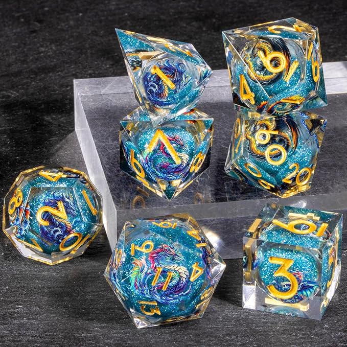 OUKELANWO Liquid Core Dragons Stickers DND Dice Set D&D, 7Pcs Dungeons D and D Role Playing Dice with Gift Box, Resin Sharp Edge Dice D20 D12 D10 D8 D6 D4, Blue Gold