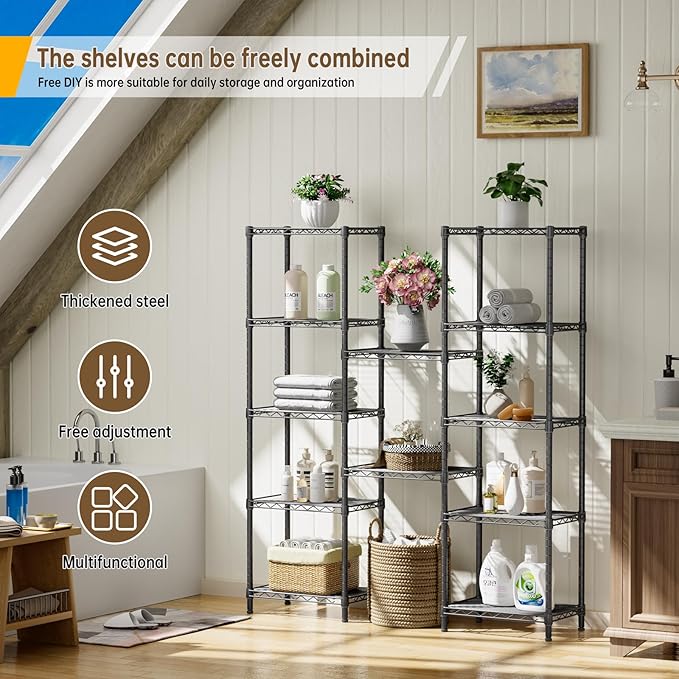 6 Tier Adjustable Storage Shelves Narrow Mesh Gaps Metal Utility Shelf Wire Shelving Unit Organizer Rack for Home Kitchen Office Bathroom Pantry Room10 D x 16" W x 60" H Black