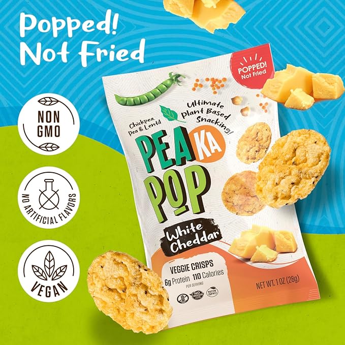 PeaKaPop Veggie Chips – Plant-Based, Healthy Veggie Crisps with Pea, Lentil & Chickpea Protein – Vegan, Gluten-Free, Popped Chips – Snack Size for Kids & Adults – 1 oz Bags (15-Pack) – White Cheddar