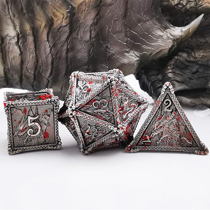 HAOMEJA Metal Dragon Dice Set DND 7 Set Dice Role Playing Dice D&D Dungeons and Dragons (Blood Silver)