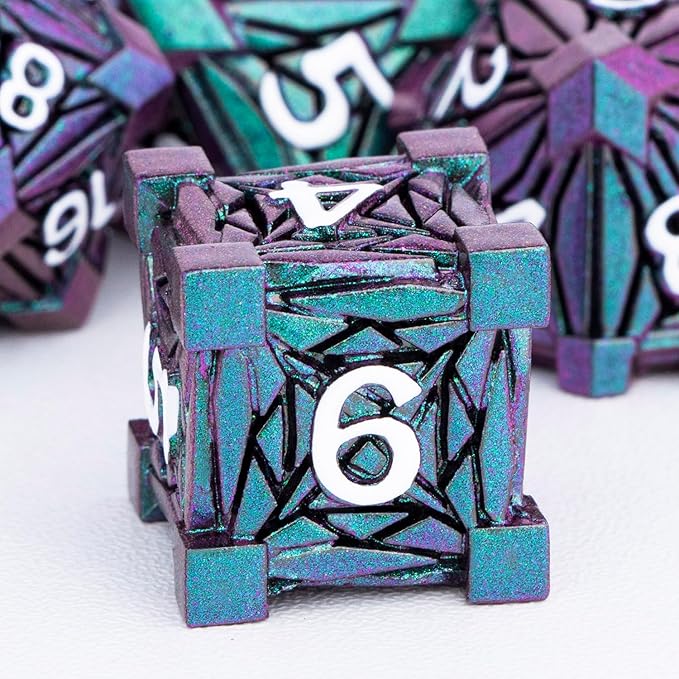 7PCS Metal DND Dice Set with Box, Debris RPG Green Purple D and D Dice for use with D&D Tabletop Games Role Playing Game Polyhedral Dice Set D20 D12 D10 D8 D6 D4