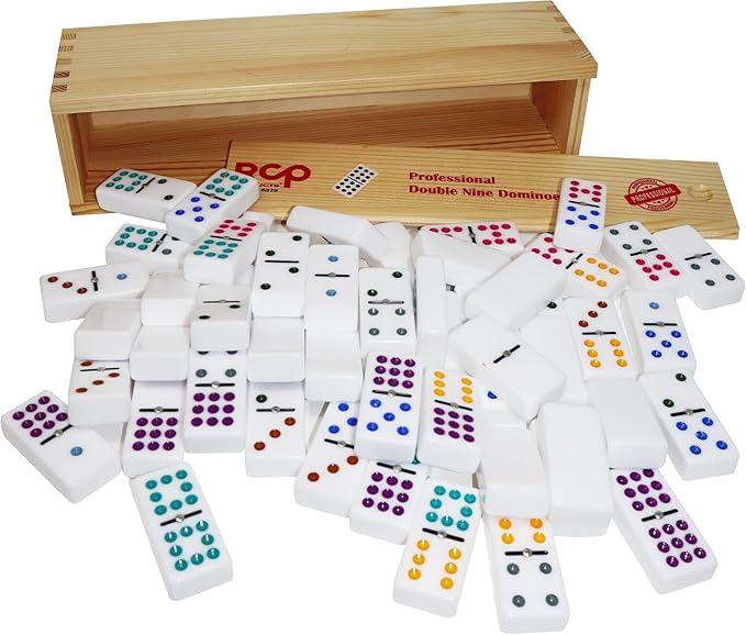 Dominos Set for Adults – Professional Double 9 Dominoes Set of 55 Tiles for Adults, Metal Spinner, Classic and Travel Board Game with Wood Case Juegos de Mesa (White)