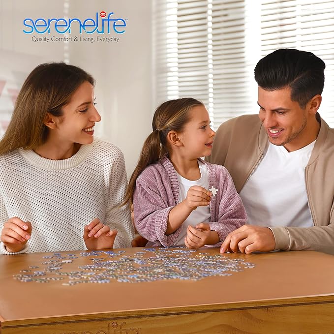 SereneLife 1500-Piece Portable Jigsaw Puzzle Board, Puzzle Table with 4 Storage Drawers, Detachable Puzzle Keeper & Smooth Non-Slip Surface, Wooden Puzzle Caddy for Family Games