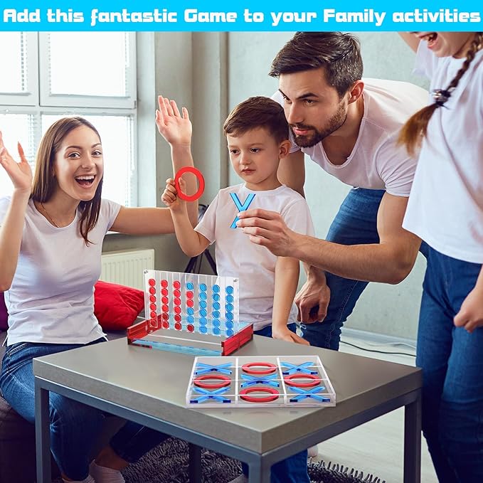 Set of 2 Acrylic Tic Tac Toe and 4 in a Row Game Classic Board Outdoor Games for Adults and Family Table Games Strategy Board Games for Living Room Table Guest Room Decor(Red and Blue)