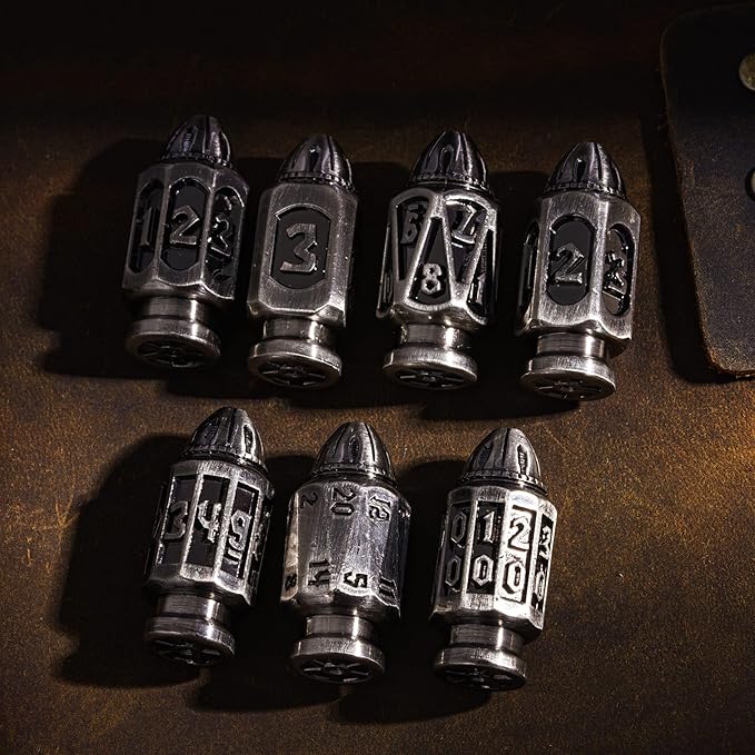 UDIXI Metal DND Dice Set, 7-Die Solid Polyhedral Bullet Metal Dice Set D&D with Unique Container for Role Playing Game or Other Tabletop Games(Ancient Silver)