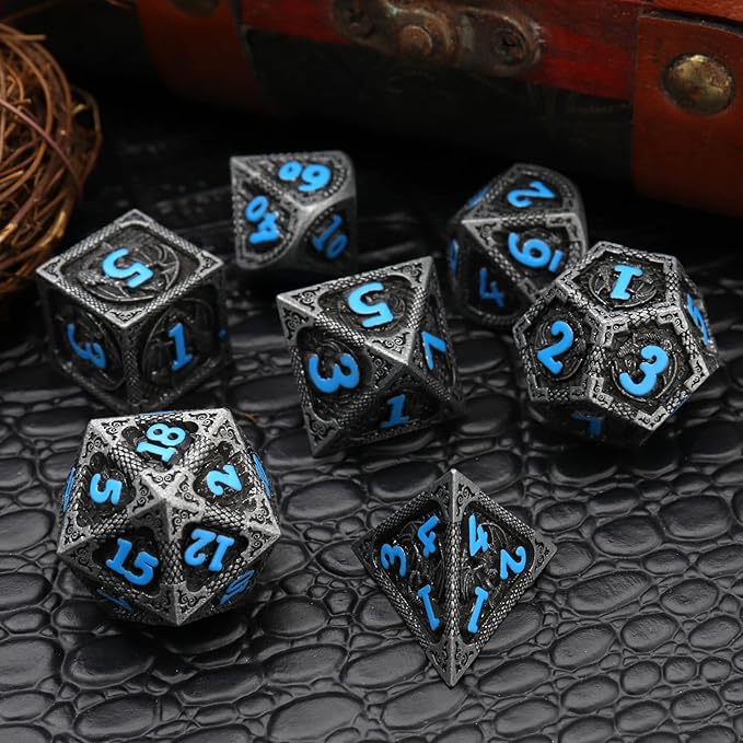 Haxtec Metal DND Dice Set Black Blue Dragon D&D Dice Set with Leather Dice Bag Metal Polyhedral Dice for Dungeons and Dragons Gifts TTRPG Dice