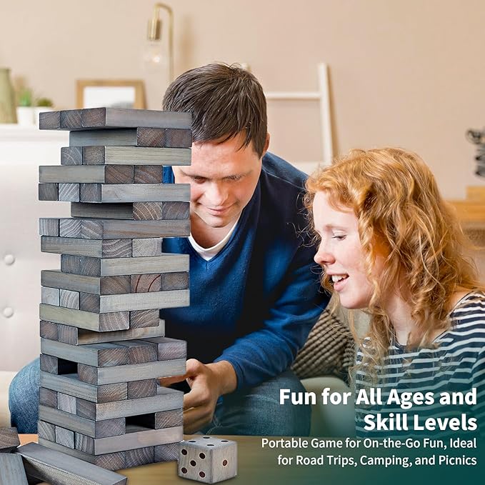 ApudArmis 54 PCS Tumble Timber Set Stack to 3FT, Pine Wooden Tumble Tower Game with Dice and Scoreboard Set - Classic Block Stacking Board Game for Teens Children Teenagers (Gray)