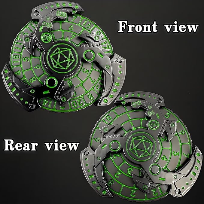 D&D Themed Fidget Spinner, dice Spinner, D4,D6, D8, D10, D12,D20,D% 7-in-1 Metal dice, Perfect for D&D Dungeons and Dragons, RPG and Pathfinder Role Playing Games (Green-Silver-Black)