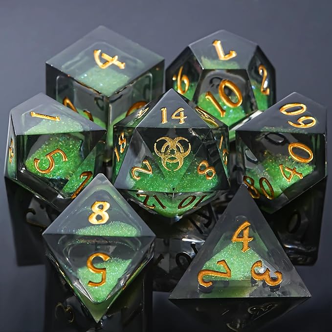 DND Dice Set - Handcrafted Liquid Core Sharp Edge 7-Die Resin Dice with Colorful Quicksand Effect,for DND, RPG, MTG, Tabletop Games(PLRGUE EUXRR)