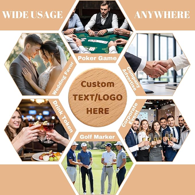 30-1000 Custom Wooden Tokens, 1.5 Inch Personalized Drink Tokens, Engraved with Your Logo/Text or Image on a Wood Chip, Good for Bar, Party, Weddings, Corporate Events, Promotions