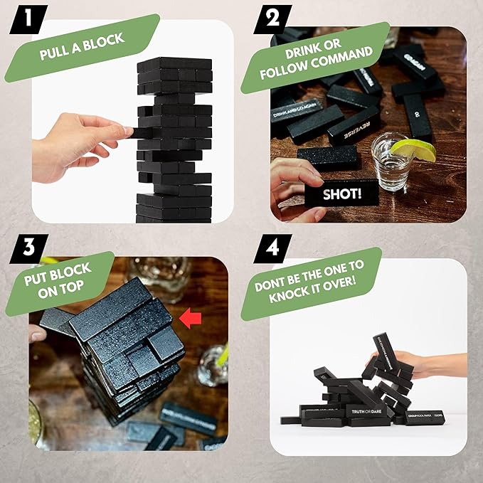Adult Drinking Game - 54 Blocks with Hilarious Drinking Commands on 40 of Them | Perfect Party Starter | Entertaining Party Game for Adults | Novelty Funny Gift (Black)