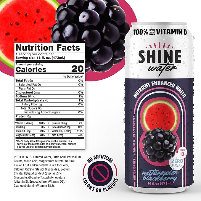 ShineWater Vitamin D Hydration Electrolyte Drink - Flavored Water with Electrolytes, Sugar-Free, Magnesium, Zinc, Vitamin B12, Plant-Based, Low Calorie - Watermelon BlackBerry Fruit Water 12 Pack