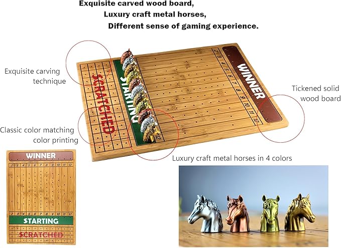 Metal Horse Race Board Game Set with Horse Racing Thick & Solid Wood Game Board(16"/Dark),11 Luxurious with 4 Antique(Gold,Silver,Red Cooper&Bronze) Metal Craft Horses, Dice&Cards (HR-M654)