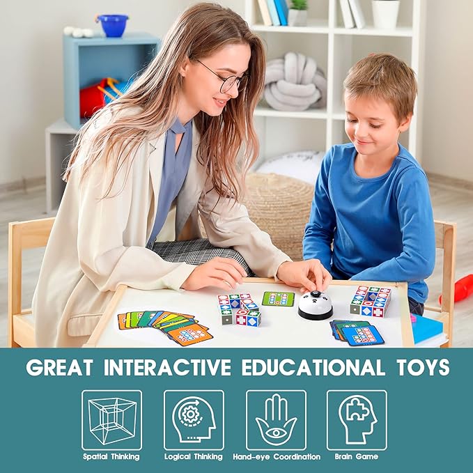 Funtactics Wooden Matching Game Puzzle 3.0 Games, Pattern Block Match Puzzles Building Cubes with Bell for Kids and Adults Toys Board Games for Family Night 5 Players