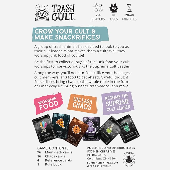 Trash Cult - Set Collection Card Game, Take That Hand Management, Become The Supreme Cult Leader, Animal Themed, Age 8+, 2-4 Players