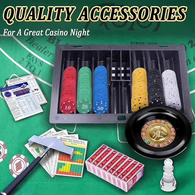 5 in 1 Premium Casino Game Set: Blackjack/Roulette/Craps/Texas Holdem/Poker Game Kit with 360 Chip+8 Deck Card+Roulette Wheel+2 Two-Sided Felt+6 Dice+Stratedgy Card,Texas Holdem Poker Blackjack Set
