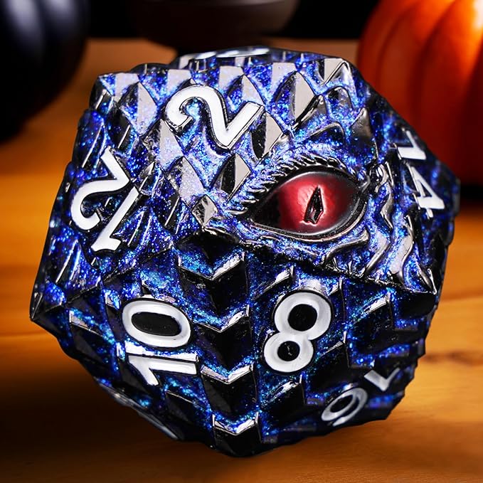Metal D20 DND Dice Set - Dragon Scale Metallic 20 Sided Giant Polyhedral Dice,35mm Large Dragon Eye Metal D&D Dice Set for Dungeons and Dragon Tabletop Game(Blue Glitter Dragon Scale)