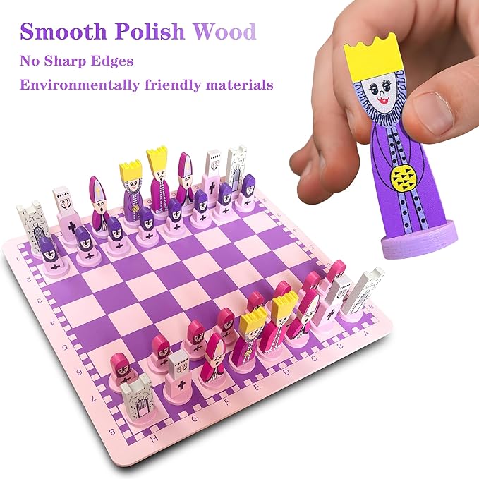 Cartoon Chess Set for Kids: 11.8" Unique Chess Board for Kids & Beginners - Pink Wooden Board Games Educational Toy for Adults Toddlers Family School Fun