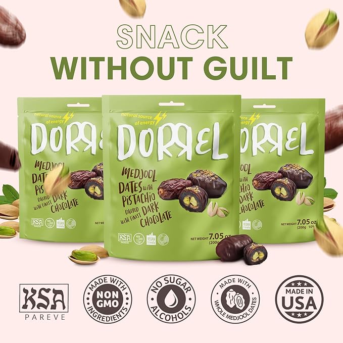 DORREL - Belgian Dark Chocolate Covered Dates (Medjool) with Pistachio Stuffing, High Energy Vegan Choco Snack, Delicious, Kosher & Non-GMO, Pack of 3 Stuffed Chocolate Dates, 7.05 oz / 200 g Ea