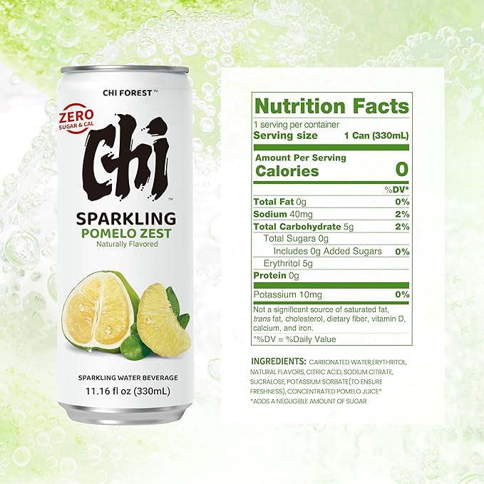 CHI FOREST Pomelo Sparkling Water Beverage, Zero Sugar Drinks, Zero Artificial Flavor, 11.16 fl oz Cans (Pack of 24)