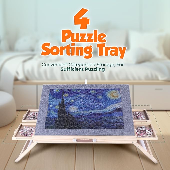 1500 Piece Jigsaw Puzzle Table with Drawers - 34” X 25” - Wooden Puzzle Table with Cover | 3-Tilting-Angle Adjustable & 4 Drawers - Portable and Felted Anti-Slip Surface