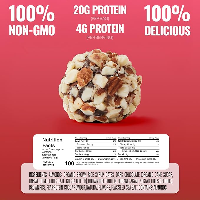 The GFB Chocolate Cherry Almond Protein Bites - Gluten Free, Plant Based, Non GMO, Sustainably Made – Ridiculously Tasty, Healthy, Vegan, Protein Energy Balls, 4 oz (6 Count)