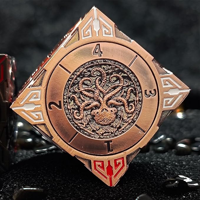 2025 New DND Spinner Dice, 7-in-1 Metal Dice Set with 3D Relief for Dungeons and Dragons Gifts, Polyhedral Roleplaying Game Dice, Fantasy D&D Tabletop RPG Accessories for DM & Player (Red Copper)
