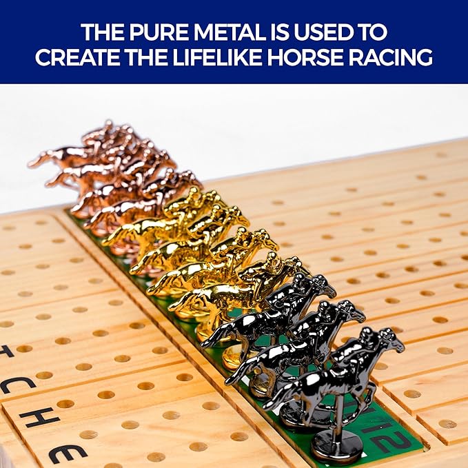 15.6 inches Horse Race Board Game, 13 Metal Horses, 4 Dice, 2 Boxes of Cards, Exciting Horse Racing Game for 11 Players with Solid Wood, Easy-to-Play, For Ages 8+ Ideal for Family and Freinds