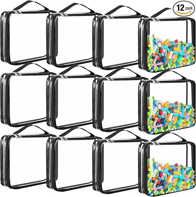 Sanwuta 12 Pcs Extra Large Toy Storage Bags 12.6 x 9 x 2.36 Inch Waterproof Toy Bags with Zipper Clear PVC Puzzles Organizing Container for Books Board Games Building Blocks Toiletry(Black)
