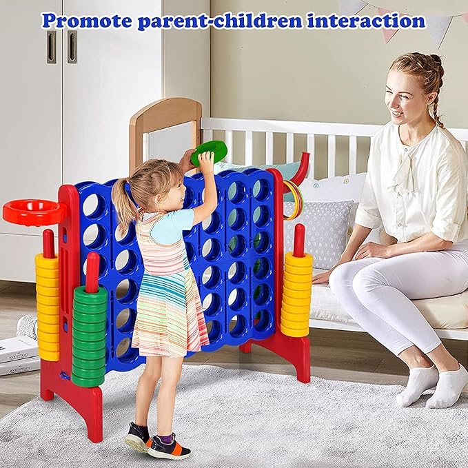 Giant 4 in a Row Connect Game, Jumbo 4 to Score Game Set w/ 42 Chess Rings, Basketball & Hoop, Toss Rings & Quick-Release Lever, Indoor & Outdoor Family Party Game for Kids & Adults, Red