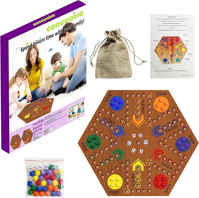 Wooden Board Game, Board Game Original Marble Game Double Sided Painted 2 to 6 Player Fast Track Wooden with 6 Colors 24 Marbles 6 Dice for Adults Kids Family(24 INCH Flame)