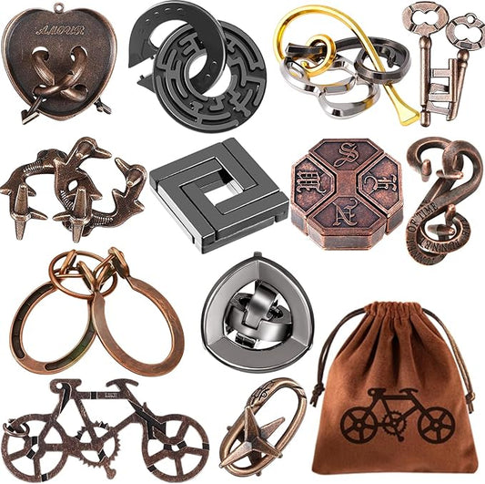 12 PCS Brain Teaser Puzzles Metal Puzzle Logic Metal Puzzle for Adult Lock Puzzles Gift for Adults Teenagers Kids