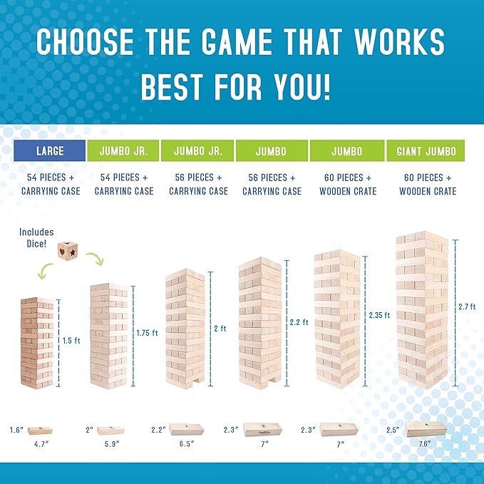 Giantville Giant Tumbling Timber Toy - Premium Pine Wood Life-Size Blocks Tower - Big Floor/Board Indoor/Outdoor Yard Game for Kids & Adults - 54-Pieces + Dice + Carry Bag - Grows to Almost 3-Feet