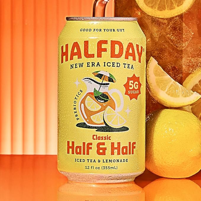 HALFDAY Prebiotic Half & Half Iced Tea Cans, Supports Digestive & Gut Health, 6g Plant Fiber & Prebiotics, Low Sugar, 40 Calories, Real Brewed Tea, Natural Caffeine, Gluten Free, 12 fl oz (12 pack)