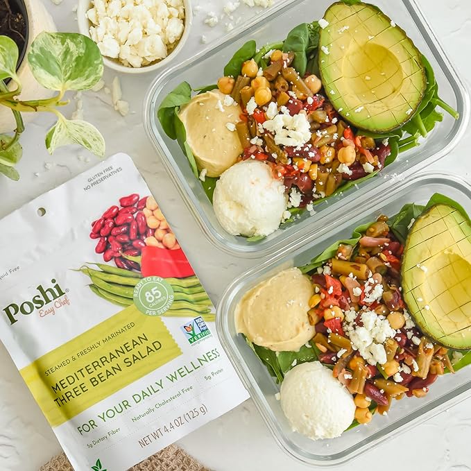 POSHI Mediterranean Three Bean Salad Natural, Keto, Vegan, Non GMO, Low Carb + Calorie, Gluten Free, Ready to Eat, Fully Cooked Vegetables, Pentry Food, Gourmet, Healthy, Travel Food 6 Pack, 4.4 oz