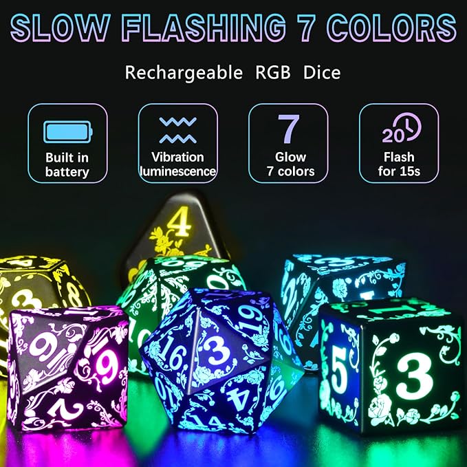 Light up LED Dice Set D and D Rechargeable for Dungeons and Dragons RGB DND Dice with Charging Box 7-Color Polyhedral Role Playing Dice for DND Gifts RPG Tabletop Games (Rose RGB)