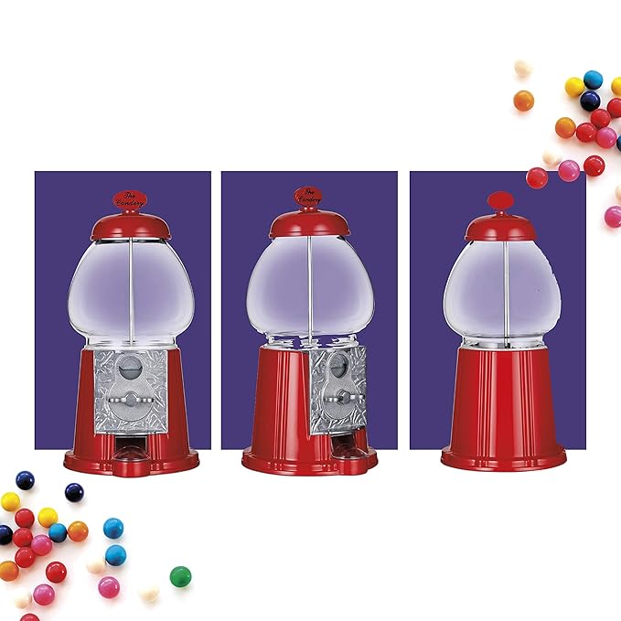 Gumball Machine - 12 Inch Candy Dispenser for 0.62 Inch Bubble Gum Ball and More - Vintage Heavy Duty Red Metal with Large Glass Ball- Easy Twist-Off Refill - Free or Coin Operated - by The Candery